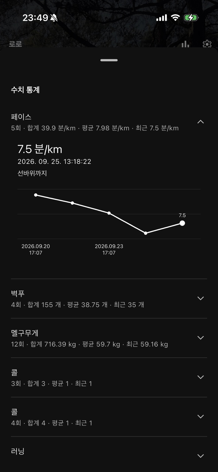 기록한 수치를 선그래프로 살펴보는 통계 화면